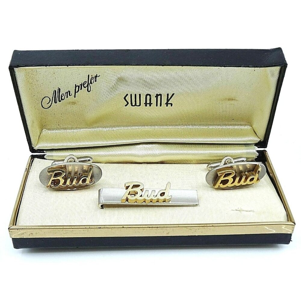 BUD Name Vintage Cufflinks and Tie Clip Bar Set Swank NOS in Original Box 1950s